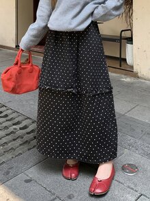 DAZY Polka Dot Print Frill Trim Denim Skirt Fall - Black - View 1