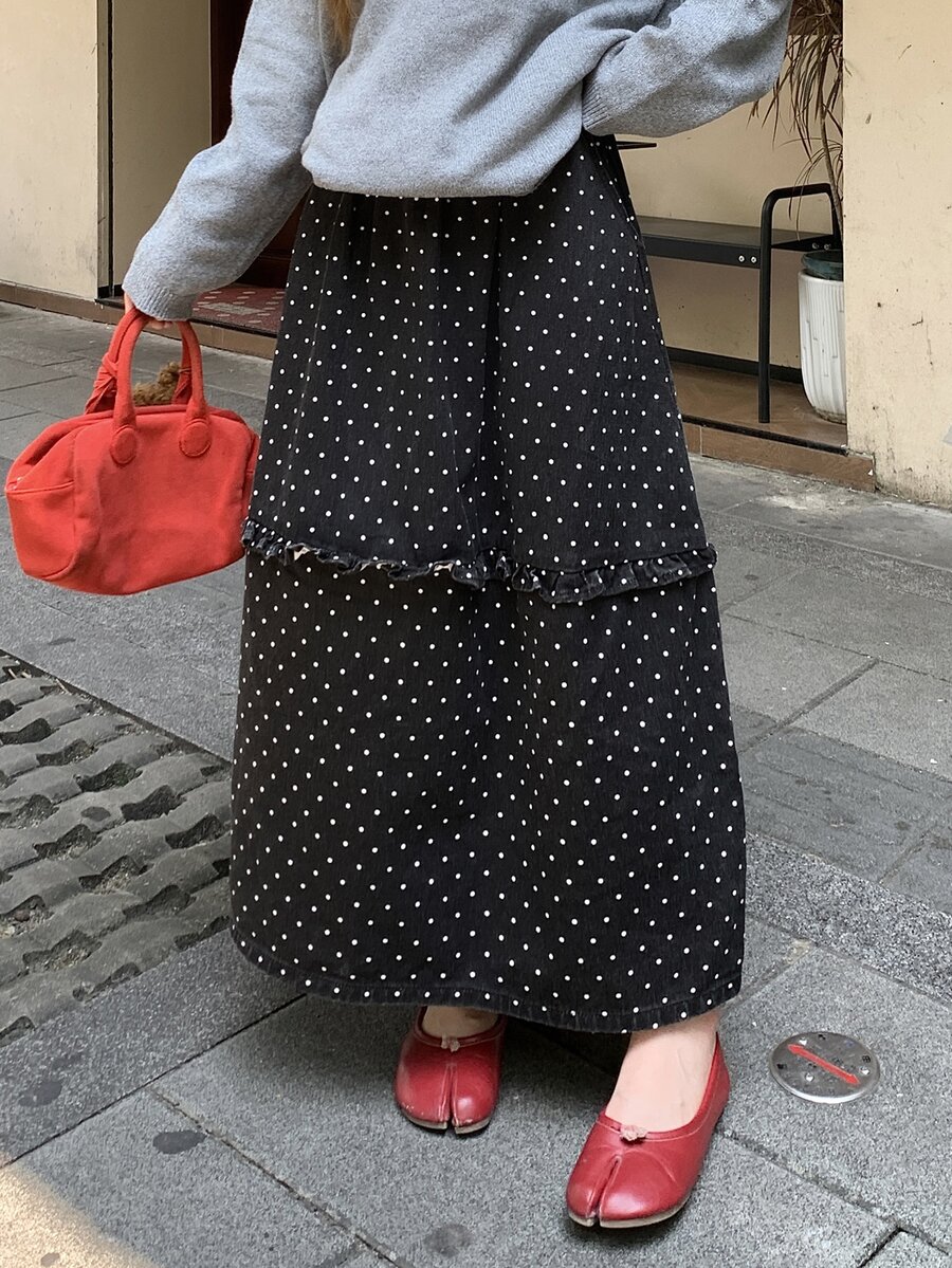 DAZY Polka Dot Print Frill Trim Denim Skirt Fall - Black - View 1