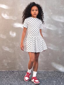 Kids Tween Girl 1pc Polka Dot Print Ruched Ruffle Hem T-Shirt & 1pc Skirt - White - View 4