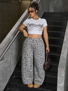 SHEIN ICON 大尺碼豹紋寬腿牛仔褲 - 彩色 - 查看 6