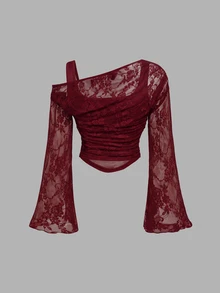 SHEIN MOD 不對稱領口喇叭袖透視蕾絲短版 2 合 1 上衣 - 酒紅色 - 查看 2