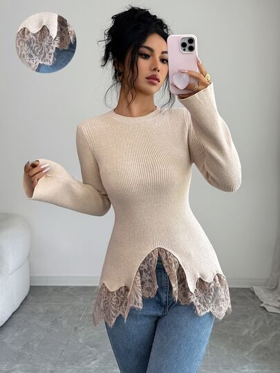 Elenzga Contrast Lace Asymmetrical Hem Sweater