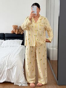 Napfluff CURVE Napfluff CURVE Plus Striped & Lemon Print Long Sleeve Shirt & Pants Pajama Set - Yellow - View 2