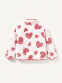 SHEIN Baby Girl Heart Pattern Contrast Binding Teddy Jacket & Pants - Pink - View 2