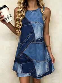 Vaclyn Colorblock Print Tunic Dress - Blue - View 3