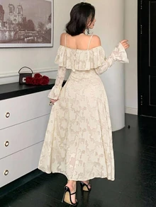 DAZY Jacquard Cold Shoulder Ruffle Trim Dress Fall - Beige - View 2