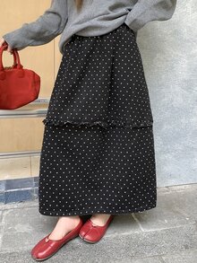 DAZY Polka Dot Print Frill Trim Denim Skirt Fall - Black - View 7