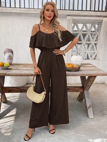 SHEIN Clasi Cold Shoulder Ruffle Trim Wide Leg Jumpsuit - Coffee Brown - View 7