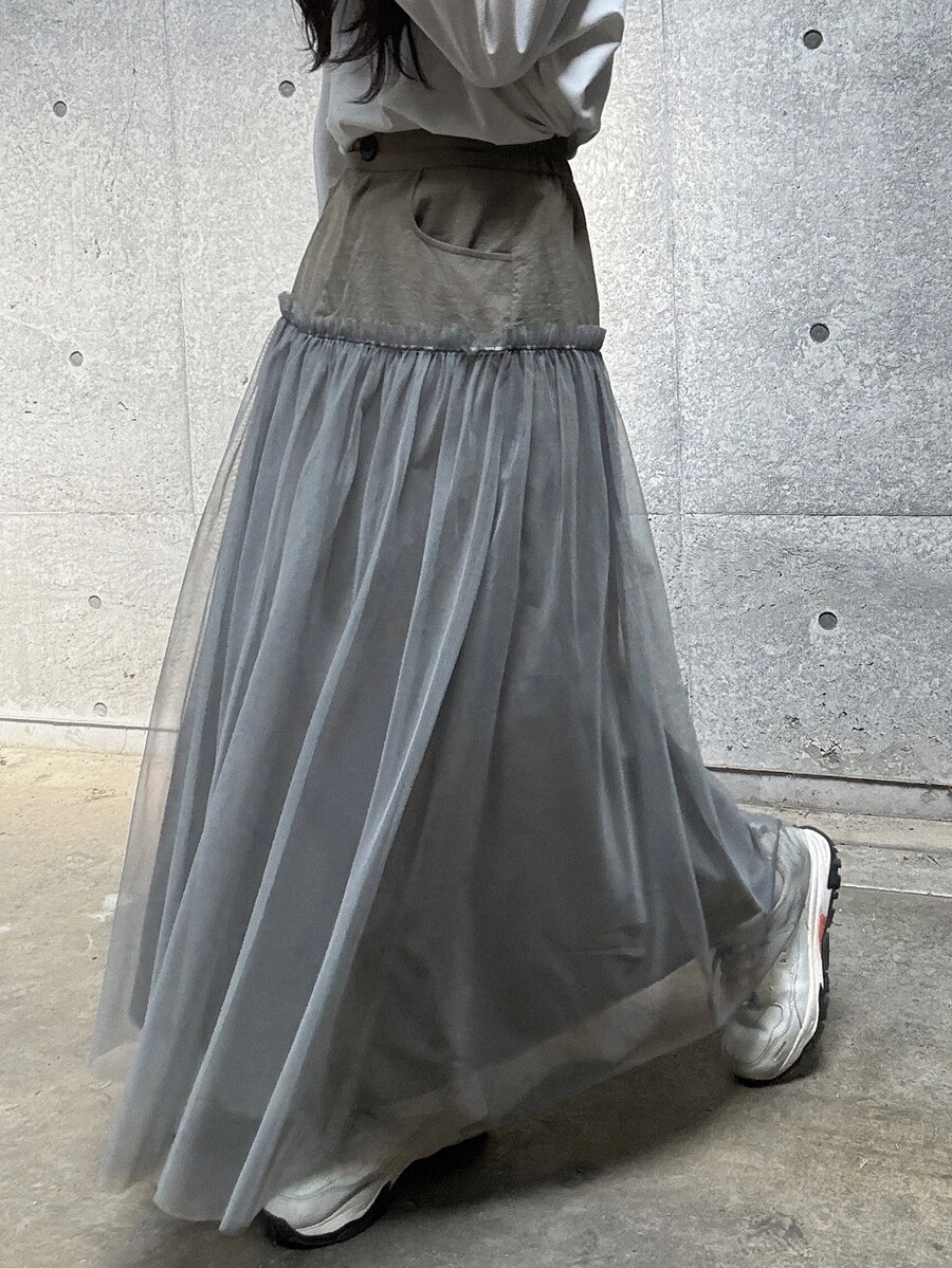FRIFUL 女款高腰網格拼接二合一裙 - 軍綠色 - 查看 1