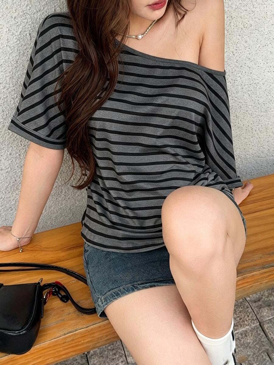 K-Vae Striped Print Asymmetrical Shoulder Batwing Sleeve Tee - Multicolor - View 1
