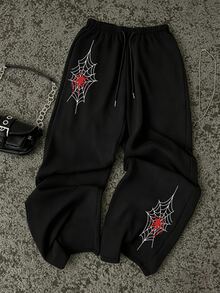 Attitoon Celana Jogging dengan Motif Hati & Jaring Laba-laba dan Tali Serut di Pinggang - Hitam - View 1