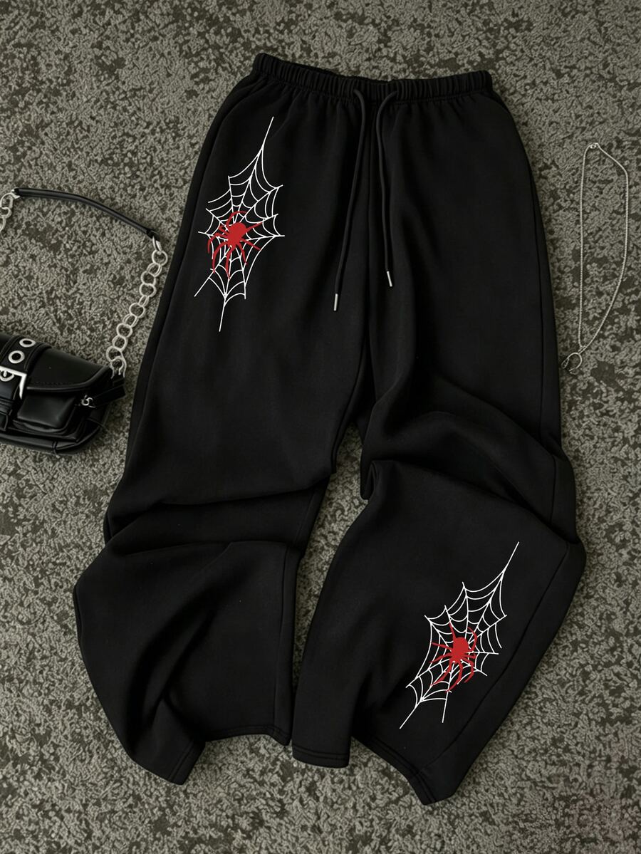 Attitoon Celana Jogging dengan Motif Hati & Jaring Laba-laba dan Tali Serut di Pinggang - Hitam - View 1