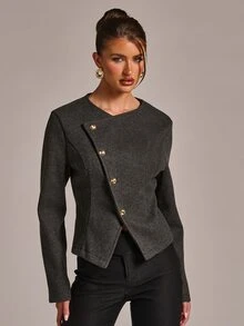 SHEIN BAE Jaket Pendek Campuran Wol Abu-abu Muda dengan Detail Kancing Diagonal, Kerah Bulat, Potongan Ramping, Elegan, Kasual, Profesional untuk Kantor, Bisnis, Musim Gugur - Dark Grey - View 1