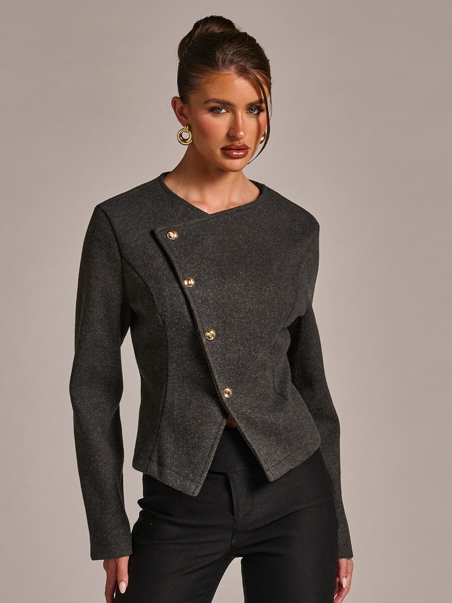 SHEIN BAE Jaket Pendek Campuran Wol Abu-abu Muda dengan Detail Kancing Diagonal, Kerah Bulat, Potongan Ramping, Elegan, Kasual, Profesional untuk Kantor, Bisnis, Musim Gugur - Dark Grey - View 1