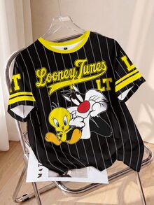 LOONEY TUNES X SHEIN 條紋與卡通圖案短袖T恤 - 白色 - 查看 1