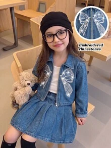 Young Girl Embroidery Mesh Beaded Sequin Bow Pattern Zip Up Denim Jacket - Medium Wash - View 7