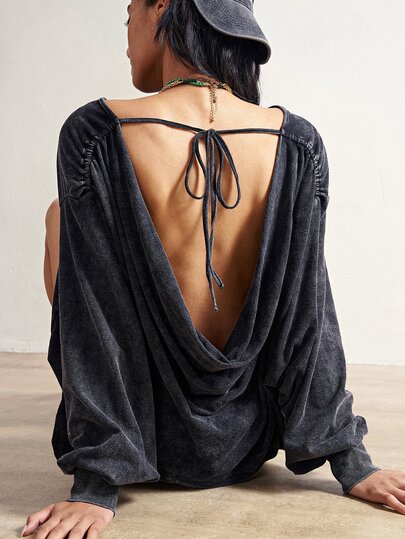 Bohemela Tie Backless Lantern Sleeve Sweatshirt Night Out Dark Grey Summer Casual Streetwear Night Out Everyday