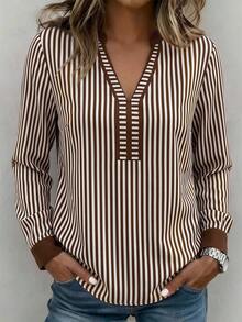 Breezaya Striped Print Notched Neck Blouse - Multicolor - View 1