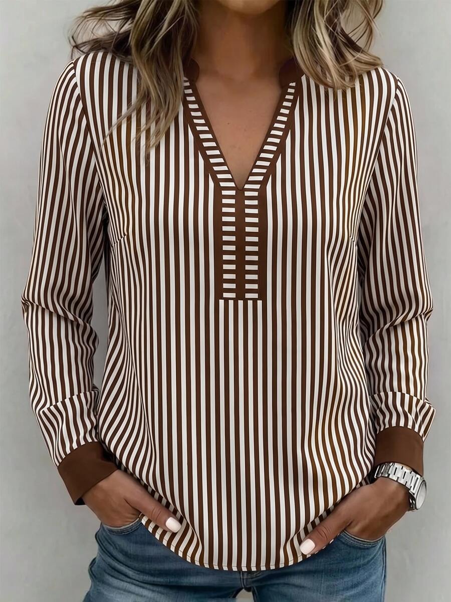 Breezaya Striped Print Notched Neck Blouse - Multicolor - View 1
