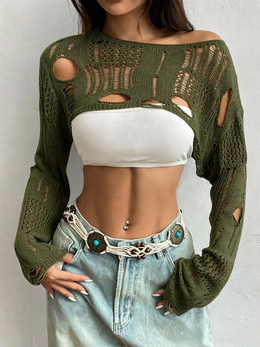 Flirla 1pc Open Knit Crop Sweater - Green - View 1