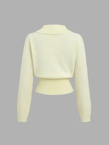 Flirla Solid Half Button Front Wide Hem Sweater - Yellow - View 2