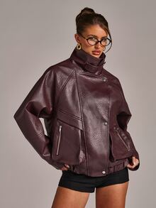SHEIN BAE Jaket Kulit PU dengan Resleting - Burgundy - View 1