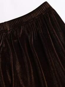 Sweetra Asymmetrical Shoulder Contrast Lace Ruched Waist Velvet Tee & Wide Leg Pants Set - Coffee Brown - View 5