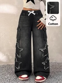 Tween Girl Drawstring Waist Flap Pocket Side Raw Edge Star Pattern Cargo Jeans - Black - View 2