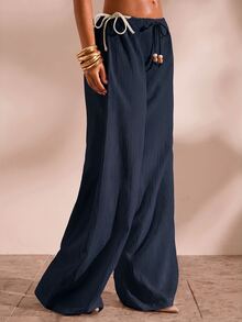 Opulessa Drawstring Waist Cover Up Pants - Navy Blue - View 5