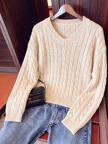 SHEIN Sweater Rajut Kabel Leher V Polos Bahu Jatuh untuk Anak Perempuan Remaja Musim Gugur - Aprikot - View 2