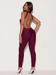 Hauture Enfärgad rygglös jumpsuit med halterneck - Bourgogne - Visa 3