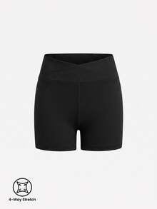 SHEIN Shorts de ciclista de punto acanalado con cintura asimétrica para niña preadolescente - Negro - Ver 7