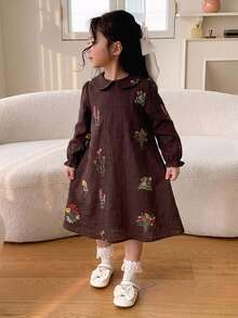 Dazy Kids 女童花卉刺繡彼得潘領荷葉袖洋裝 - 棕色 - 查看 1