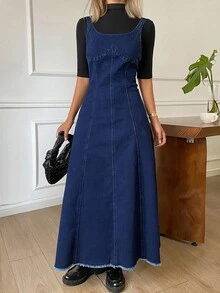 DAZY Gaun Cami Denim dengan Potongan Mentah Tanpa Kaos untuk Liburan - Biru - View 1