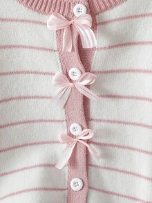 SHEIN 女童條紋圖案落肩蝴蝶結前襟開襟衫 - 粉色 - 查看 3