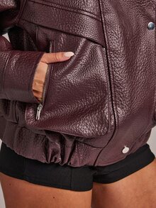 SHEIN BAE Jaket Kulit PU dengan Resleting - Burgundy - View 8