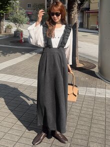 FRIFUL Solid Ruffle Trim Overall Dress Without Tee Brunch Dark Green Autumn French Elegant - Dark Grey - View 9