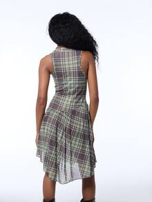 COUREZ Sleeveless Mesh Check Mini Layering Dress / Y2K Fall Mini Dress Winter Dress Autumn Outfits Fall Streetwear Club Outfits For Women Dresses - Brown - View 3