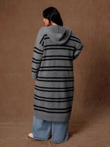 Rustia Plus Striped Pattern Drop Shoulder Hooded Duster Cardigan Winter - Multicolor - View 2