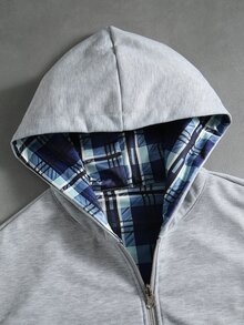 ROMWE MEN Street Life Men Plaid Zip Up Hooded Jacket - Grey - View 3
