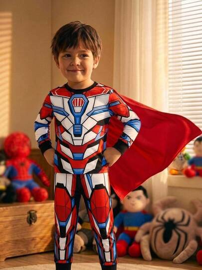 SHEIN Young Boy Cartoon Graphic Costume Jumpsuit With Cape