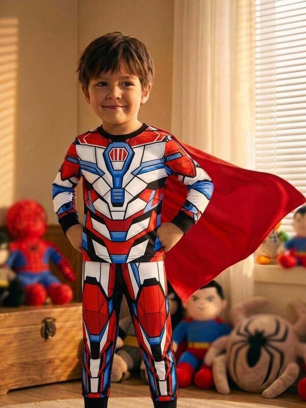 SHEIN Young Boy Cartoon Graphic Costume Jumpsuit With Cape