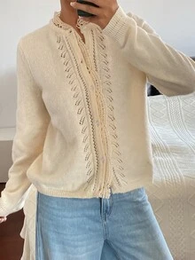 DAZY Pointelle Knit Button Front Cardigan Fall - Apricot - View 3