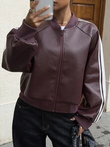 DAZY Contrast Side Seam Raglan Sleeve Bomber Leather Jacket Fall - Burgundy - View 4