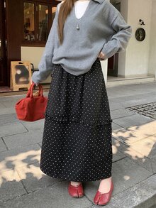 DAZY Polka Dot Print Frill Trim Denim Skirt Fall - Black - View 4