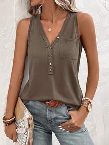 Solivie Half Button Patched Pocket Tank Top - Coffee Brown - View 5