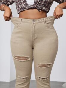 SHEIN CURVE+ 大尺碼破洞喇叭褲牛仔褲 - 卡其色 - 查看 3