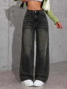 SHEIN ICON 1pc High Waist Washed Wide Leg Jeans - Black - View 6