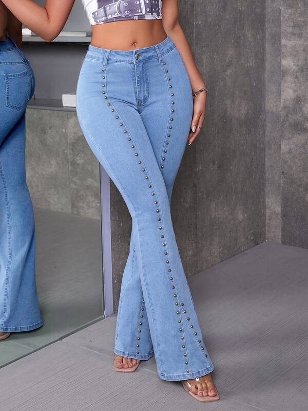 SHEIN Tall بنطلون جينز بقصة ساق واسعة مزين بتفاصيل مرصعة