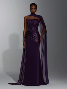 Elitara Floral Jacquard Mesh Panel Formal Dress With Cape - Purple - View 7